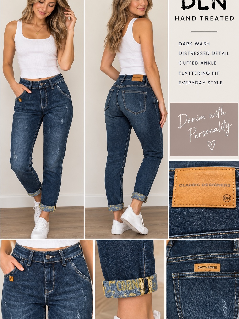 Classic Designers Dark Wash Cropped Jeans - Cuffed Ankle